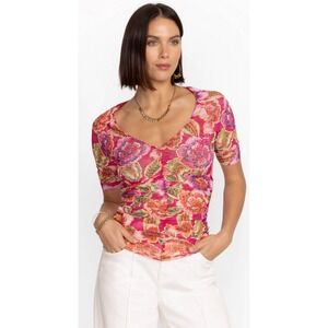 Johnny Was x Jade Gloriana Mesh Tee Pink Floral Ruched V-Neck Top Medium